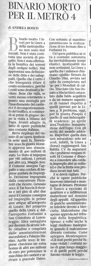 Metro 4: Articolo dal Corriere della Sera del 18 aprile